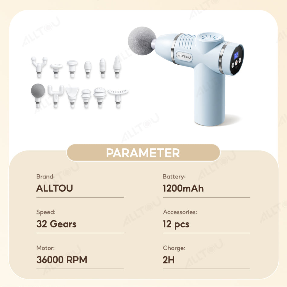ALLTOU Massage Gun With 12 Accessories 32 Speeds Fascia Gun Portable Compact Deep Tissue Massage Gun for Muscle Relief
