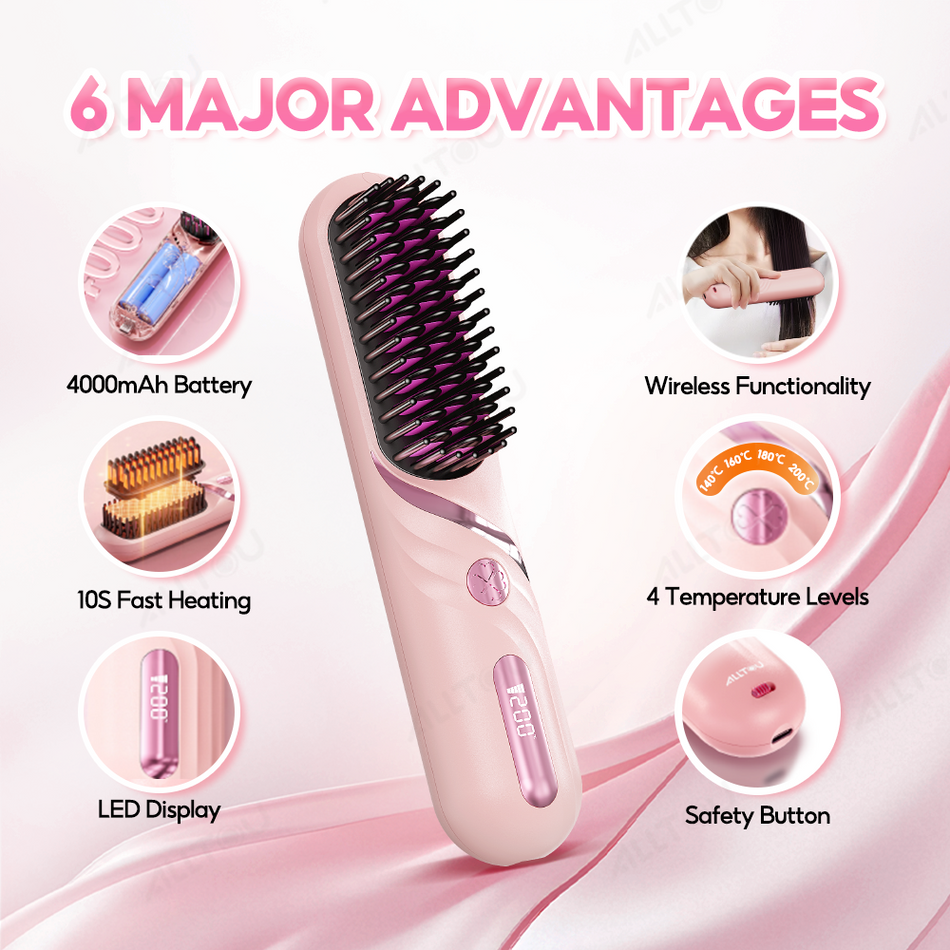 ALLTOU 2 In 1 Hair Straightener Comb Wireless Hair Brush 4000mAH LED Display Hair Care Brush Hair Curler for Women