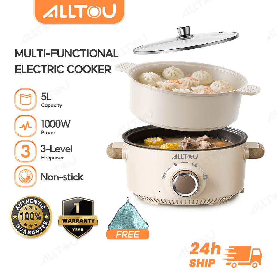 ALLTOU Electric Cooker with Steamer 5L Large Capacity Multifunctional Cooker 28cm Non-Stick Hot Pot