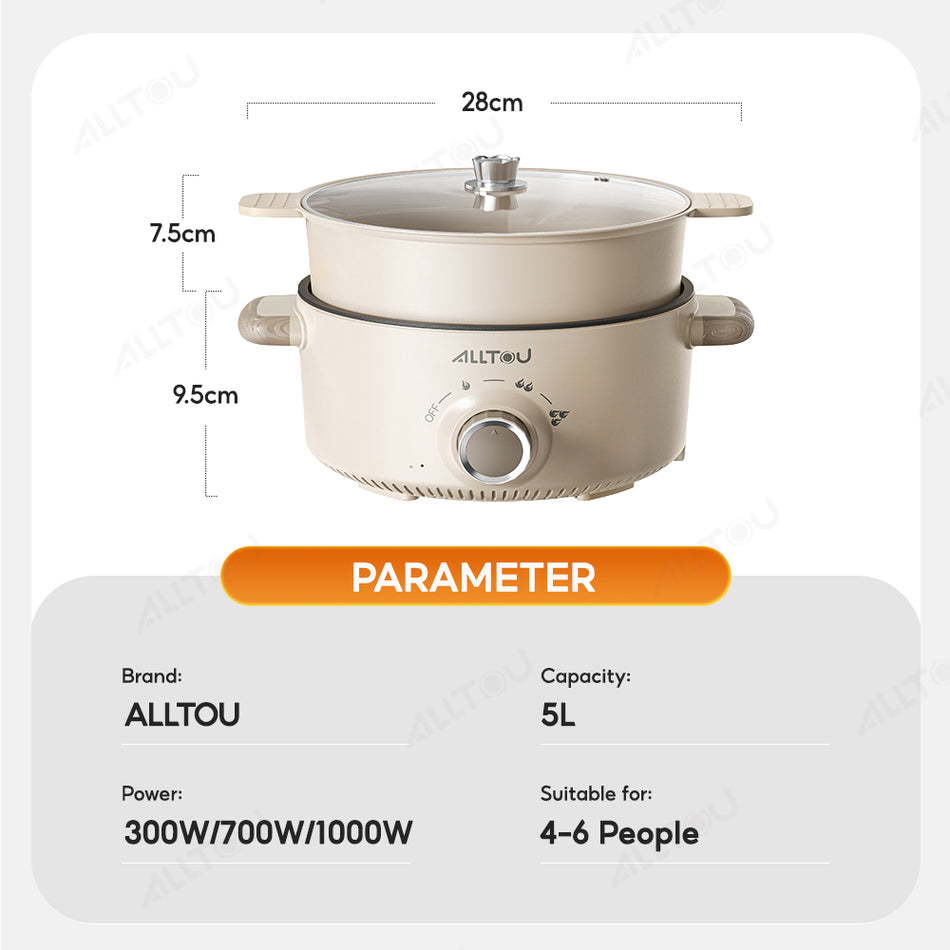 ALLTOU Electric Cooker with Steamer 5L Large Capacity Multifunctional Cooker 28cm Non-Stick Hot Pot