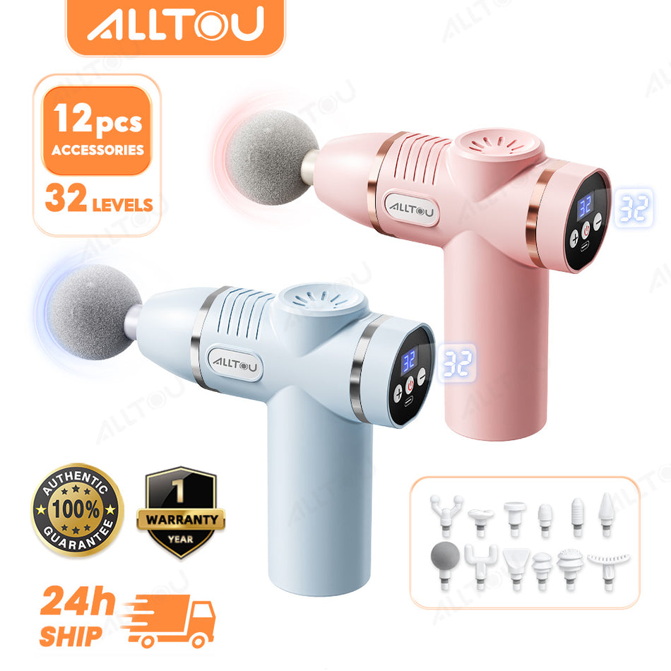 ALLTOU Massage Gun With 12 Accessories 32 Speeds Fascia Gun Portable Compact Deep Tissue Massage Gun for Muscle Relief
