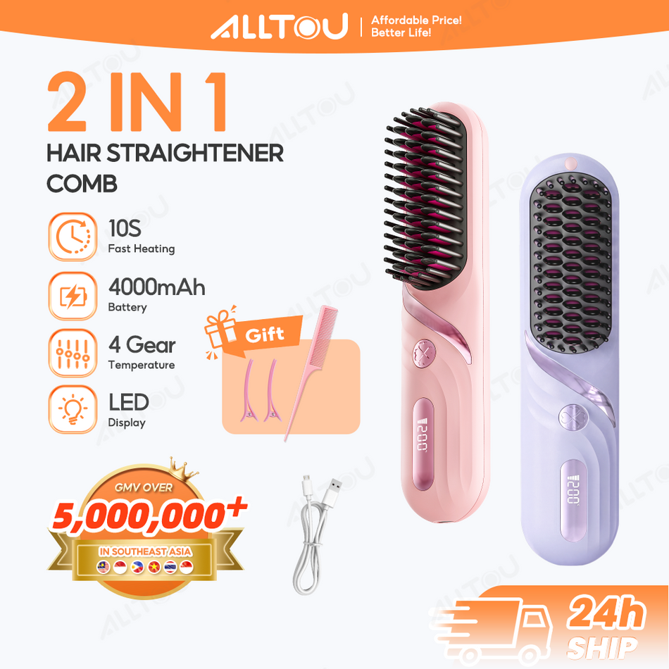 ALLTOU 2 In 1 Hair Straightener Comb Wireless Hair Brush 4000mAH LED Display Hair Care Brush Hair Curler for Women