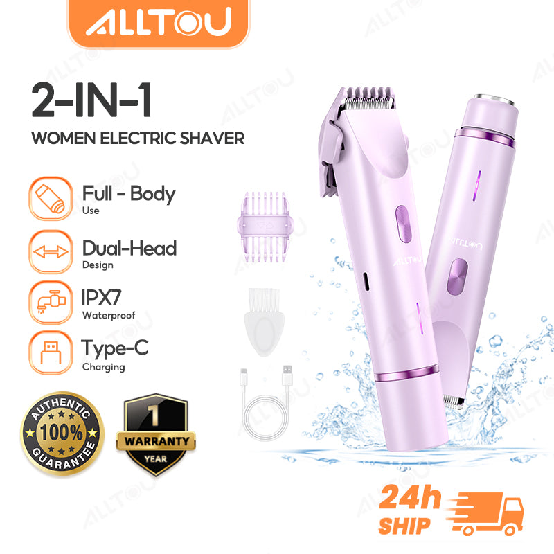 ALLTOU Women Electric Shaver 2 In 1 Bikini Trimmer IPX7 Waterproof with Dual Ceramic Blades Painless Hair Removal