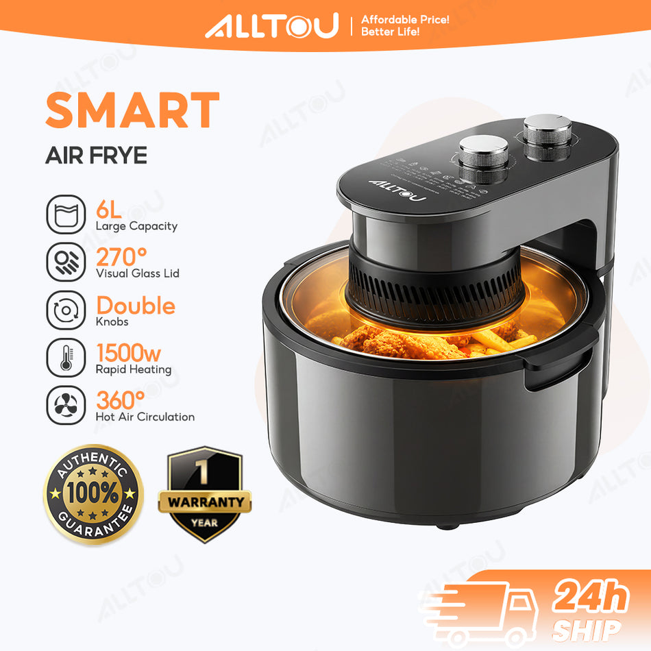 ALLTOU Air Fryer 6L Large Capacity Airfryer 1500W Fryer 8-in-1 Menus Visual Air Fryer Dual Rotary Knob 360º Rotation