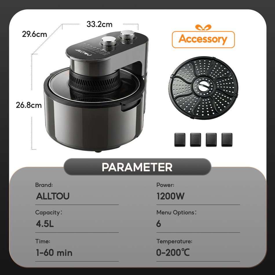 ALLTOU Air Fryer 6L Large Capacity Airfryer 1500W Fryer 8-in-1 Menus Visual Air Fryer Dual Rotary Knob 360º Rotation